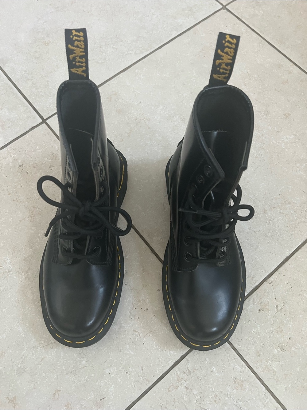 Dr. Martens Black Leather Lace-Up Ankle Boots with Yellow Welt Stitching grunge